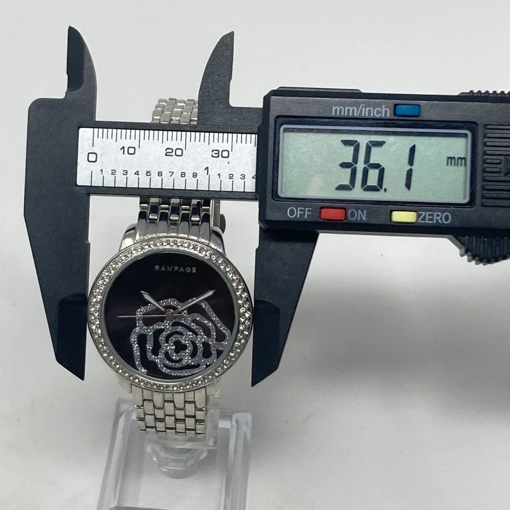 Rampage Womens Watch 36mm Floral Crystals Silver Tone Black Bling New Battery 8